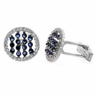 Sterling Silver Blue & Clear CZ Striped Round Mens Cufflinks