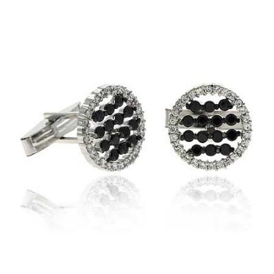 Sterling Silver Black & Clear CZ Striped Round Mens Cufflinks