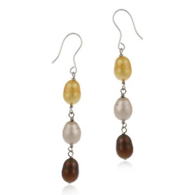 Sterling Silver Baroque Freshwater Cultured Gold White, Brown Pearl Drop Earrings