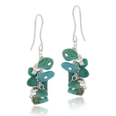 Sterling Silver Created Turquoise Chips Cluster Earrings