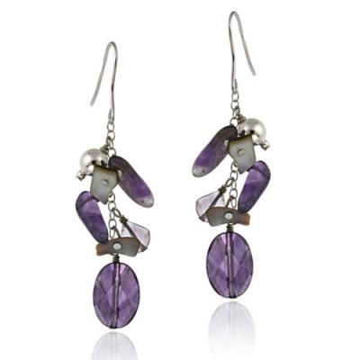 Sterling Silver Beads, Abalone, Amethyst Chips & Nuggets Cluster Earrings