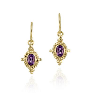 18K Gold Over Sterling Silver Amethyst & Bali Rope Design Dangle Earrings