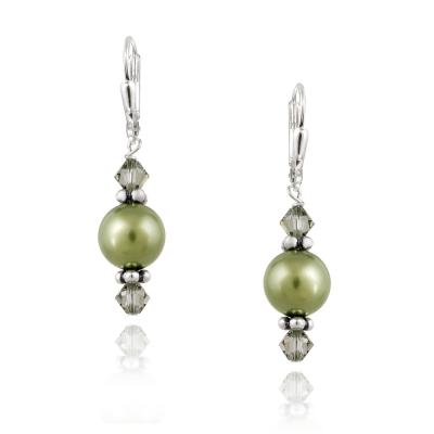Sterling Silver Light Green Swarovski Pearl & Crystal Dangle Leverback Earrings