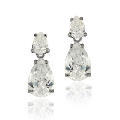 Black Rhodium Overlay Sterling Silver CZ Double Teardrop Dangle Earrings