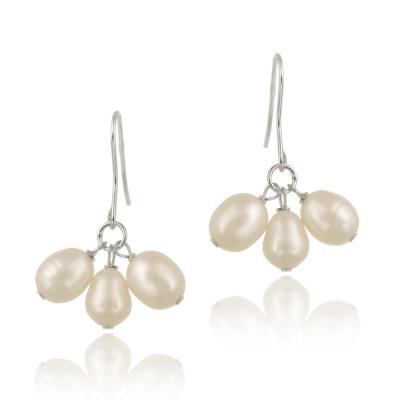 Sterling Silver Freshwater Cultured Peach Pearl Cluster Dangle Earrings