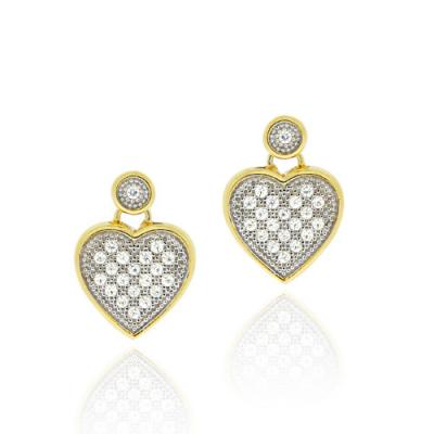 18K Gold over Sterling Silver CZ Micro Pave Heart Two-Tone Dangle Earrings