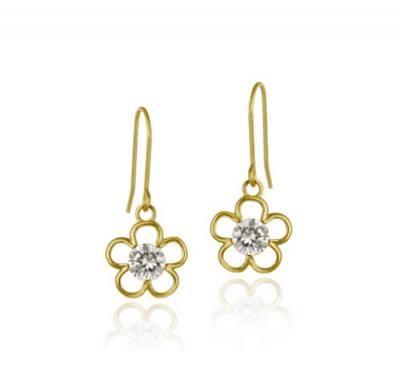 10K Gold CZ Flower Dangle Earrings