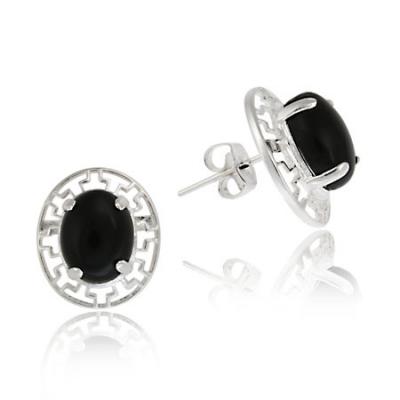 Sterling Silver and Onyx Greek Key Oval Stud Earrings