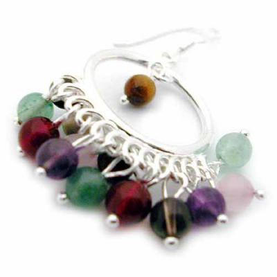 Sterling Silver Chandelier Hoop Earrings with genuine Tiger cats-eye, Carnelian, Amethyst, Aventurine, Rose Quartz, Smokey Quartz stone beads