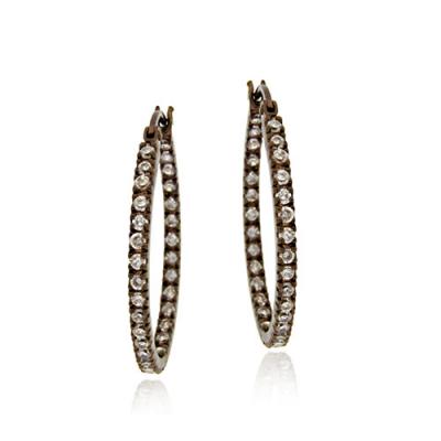 Sterling Silver CZ Inside Out Brown Oval Hoop Earrings