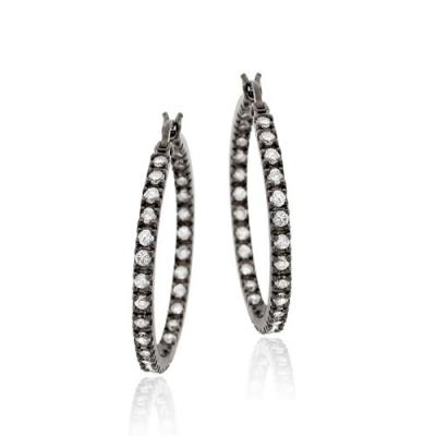 Sterling Silver CZ Black Inside Out Hoop Earrings, 25mm