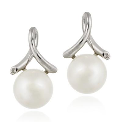 Sterling Silver Simulated White Pearl & CZ Twist Earrings