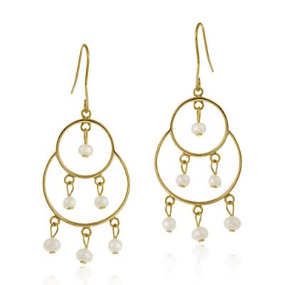 18K Gold over Sterling Silver Freshwater Cultured White Pearl Circle Chandelier Earrings