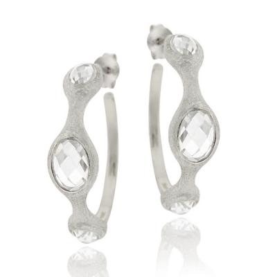 Sterling Silver CZ Brushed Hoop Earrings