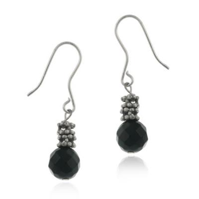 Sterling Silver Onyx & Bali Bead Dangle Earrings