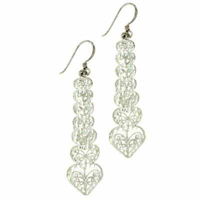 Sterling Silver Diamond Cut CZ Heart Filigree Dangle Earrings