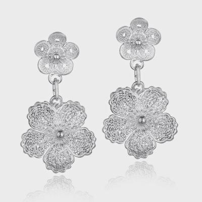 Sterling Silver Double Flower Dangle Earrings