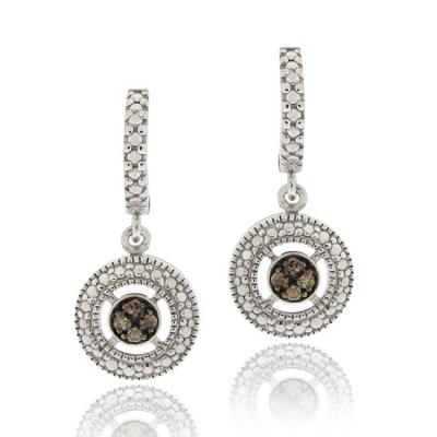 Sterling Silver 1/10ct TDW Champagne Diamond Round Dangle Hoop Earrings