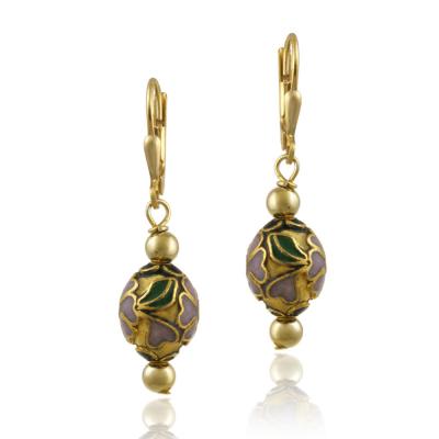 18K Gold over Sterling Silver Teal Cloisonne Oval Bead Dangle Earrings