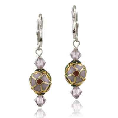 Sterling Silver Swarovski Elements & Lavender Cloisonne Oval Bead Dangle Earrings
