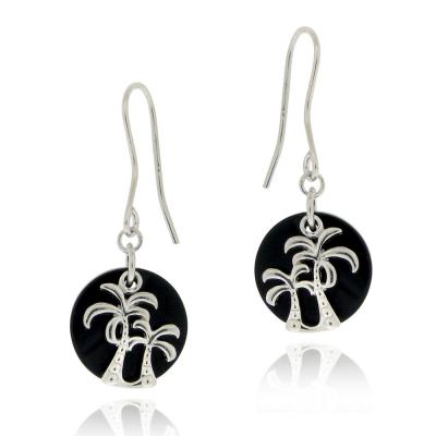 Sterling Silver Onyx & Palm Tree Dangle Earrings