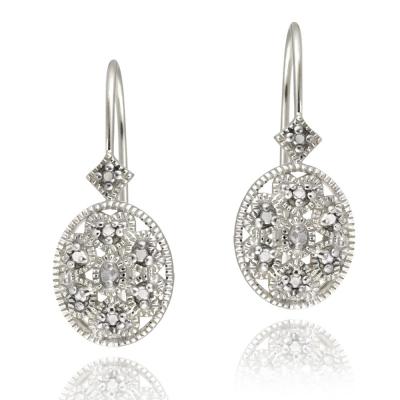 Sterling Silver Diamond Accent Filigree Oval Leverback Earrings