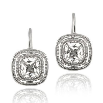 Sterling Silver CZ Square Leverback Earrings