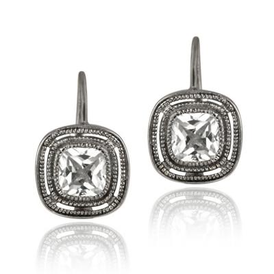 Black Rhodium Overlay Sterling Silver CZ Square Leverback Earrings