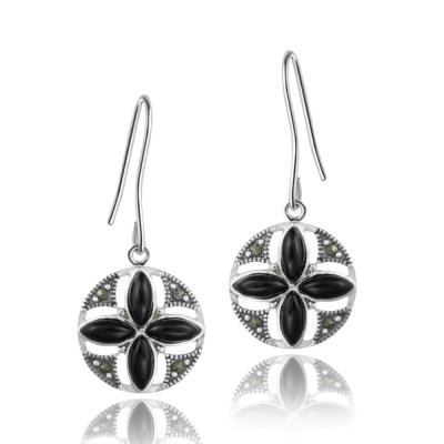 Sterling Silver Onyx & Marcasite Flower Dangle Earrings