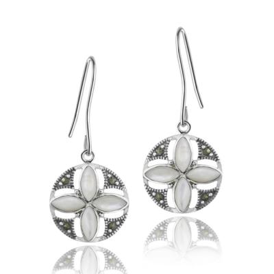 Sterling Silver Mother of Pearl & Marcasite Flower Dangle Earrings