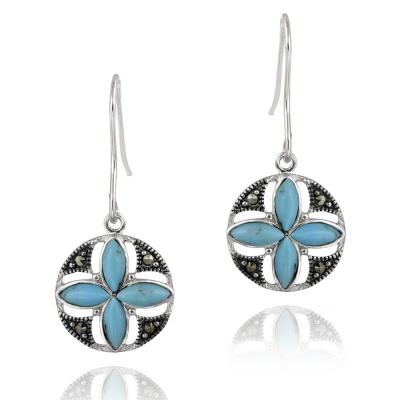 Sterling Silver Created Turquoise & Marcasite Flower Dangle Earrings