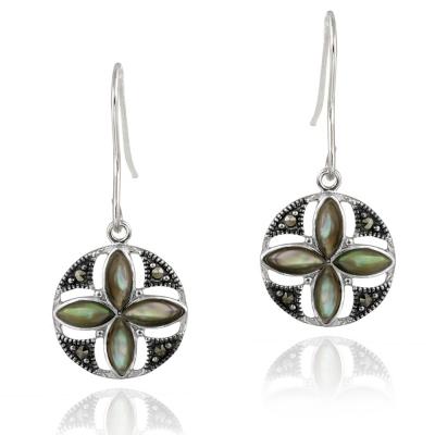 Sterling Silver Abalone & Marcasite Flower Dangle Earrings