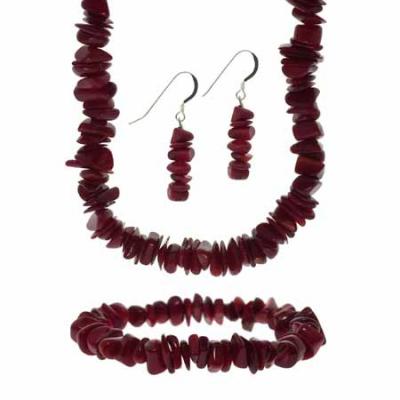 Sterling Silver Red Coral Stone Chip Jewelry Set