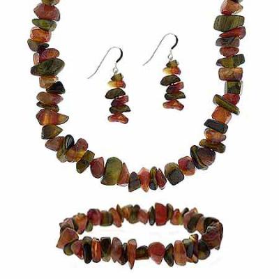 Sterling Silver Tiger Eye And Carnelian Chip Necklace Set