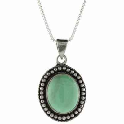 Genuine Variscite Stone Sterling Silver Bali Beaded Oval Pendant