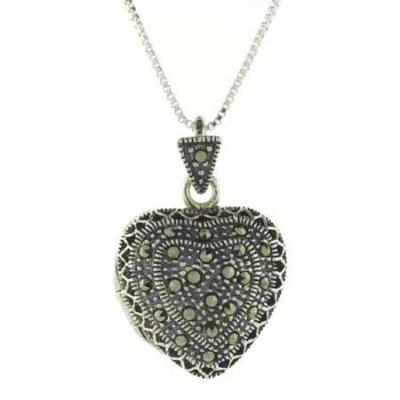Sterling Silver Genuine Marcasite Heart Filigree Locket