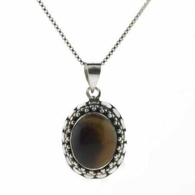 Sterling Silver Bali Bead Genuine Tiger Eye Stone Oval Pendant