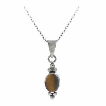 Sterling Silver Bali Bead Genuine Tiger Eye Stone Oval Pendant