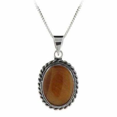Sterling Silver Tigers Eye Bali Beaded Oval Pendant