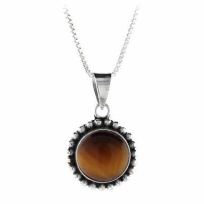 Sterling Silver Genuine Tiger Eye Stone Bali Beaded Circle Pendant