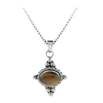 Sterling Silver Bali Beaded Genuine Tiger Eye Stone East West Pendant