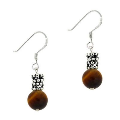 Sterling Silver Tiger Eye & Bali Bead Dangle Earrings