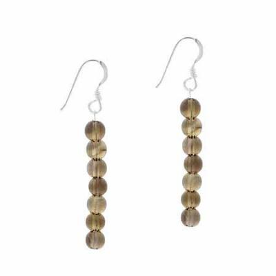 Sterling Silver 4mm Smokey Quartz Stone 6 Bead Beaded Dangle Hook Earrings