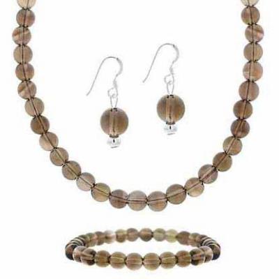 Sterling Silver Smokey Quartz Bead Dangle Earrings, Stretch Bracelet & Necklace Jewelry Set