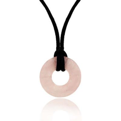 Sterling Silver .925 Genuine Rose Quartz Stone Disc Black Silk Cord Necklace 16'