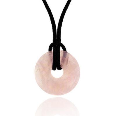 Sterling Silver .925 Genuine Rose Quartz Stone Disc Black Silk Cord Necklace 16'