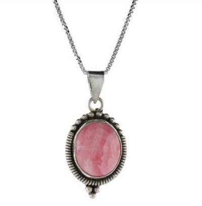 Sterling Silver  Rhodocrosite Bali Beaded Oval Pendant