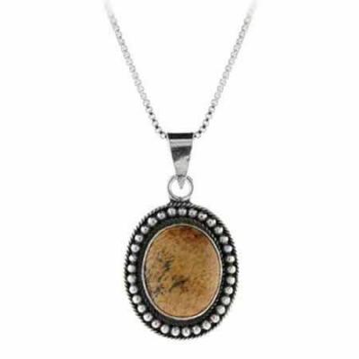 Genuine Picture Jasper Stone Sterling Silver Bali Beaded Oval Pendant