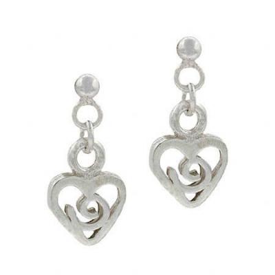 Sterling Silver Small Filigree Bead Swirl Dangle Heart Earrings
