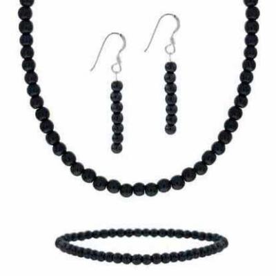 Sterling Silver 4mm Cabochon Onyx Beaded Earrings, Bracelet, & Necklace 15-19' Jewelry Set